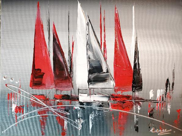 Tableau Marine Design Gris Rouge peint à la main