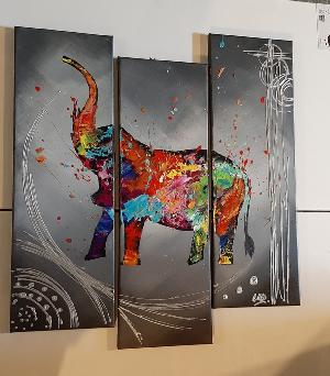 Tableau design triptyque coloré Éléphant porte bonheur