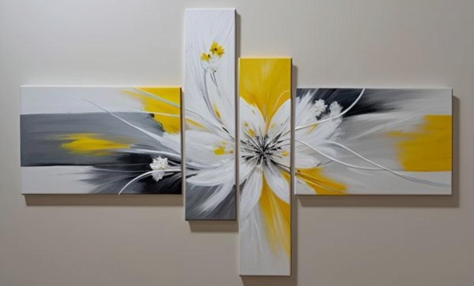 Tableau peinture fleurs Jaunes Gris 