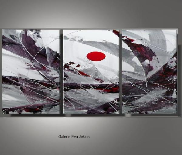 Grand Triptyque Gris Rouge Abstrait  Soleil Levant - Artiste EVA JEKINS