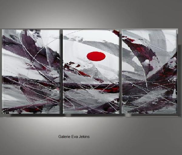 Grand Triptyque Gris Rouge Abstrait  Soleil Levant