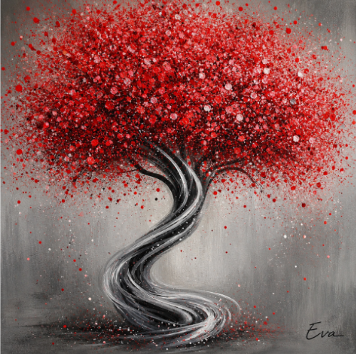 Tableau carré peinture Sakura Cerisier Rouge Gris - Artiste Eva Jekins