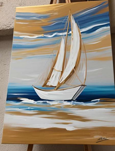 Tableau peint main voilier beige doré bleu - Artiste Eva Jekins