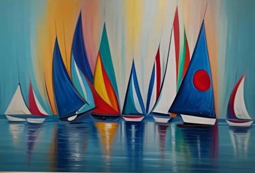 Grand tableau panoramique Marine géométrique multicolore- Artiste Eva Jekins