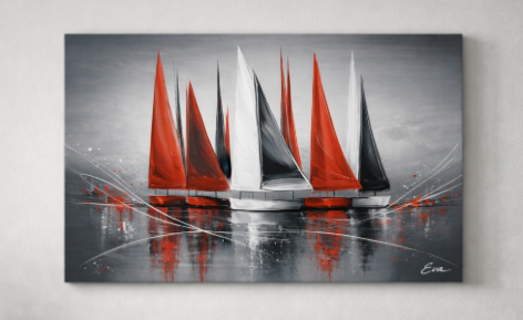 Tableau Marine Design Gris Rouge peint à la main