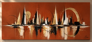 Tableau peinture panoramique rouille doré Voiliers et horizon de ville - Artiste peintre Eva Jekins