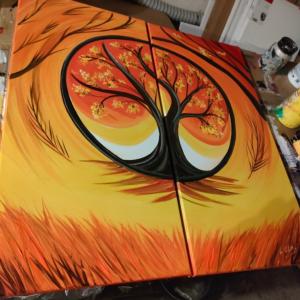 Tableau peinture arbre de vie orange nuancé- Artiste Eva Jekins 