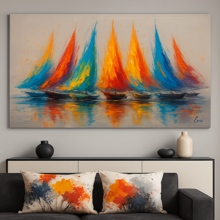 Voiliers Colorés Abstraits – Tableau Grand format XXL 180x90 cm | Peinture moderne marine haut de gamme