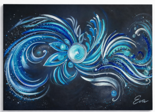 Tableau abstrait Gris bleu Panaches et Plumes - Artiste Eva Jekins