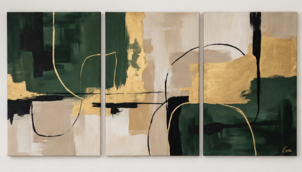 Tableau Chic Beige Vert Abstrait - Peint à la main par Eva Jekins