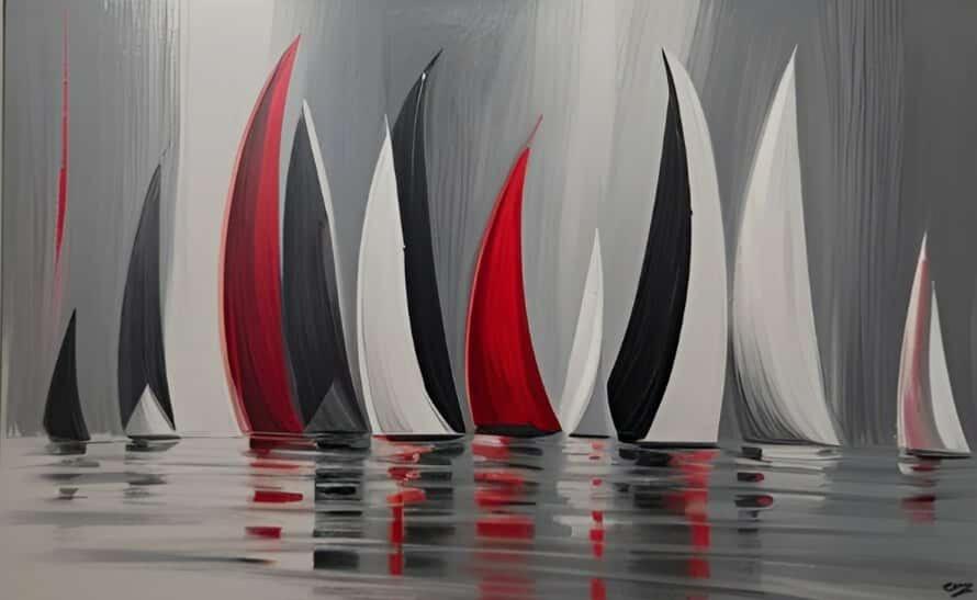 Grand tableau Marine voiliers Gris rouge - Artiste Eva Jekins
