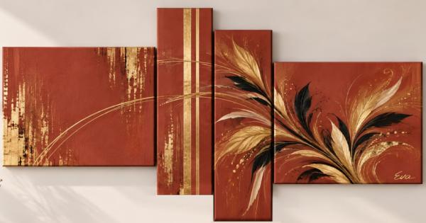Tableau Terracotta Brique Feuilles dorées - Peint à la main par Eva Jekins