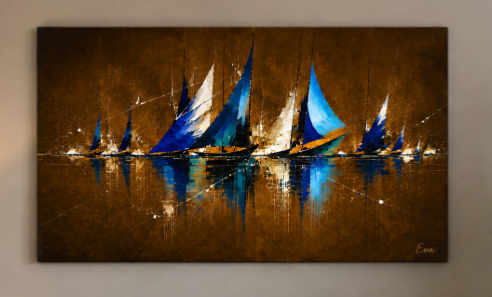 Tableau moderne Voiliers Marron Whisky Voiles Bleu - Artiste Eva Jekins