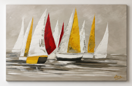 Tableau peint main Marine Bateaux Beige doré rouge Eva Jekins