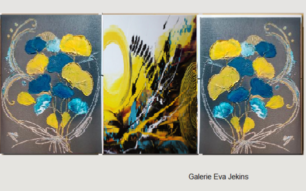 Grand Triptyque Jaune Moutarde Bleu Canard Ginko - Artiste EVA JEKINS