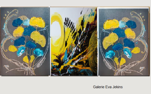 Grand Triptyque Jaune Moutarde Bleu Canard Ginko