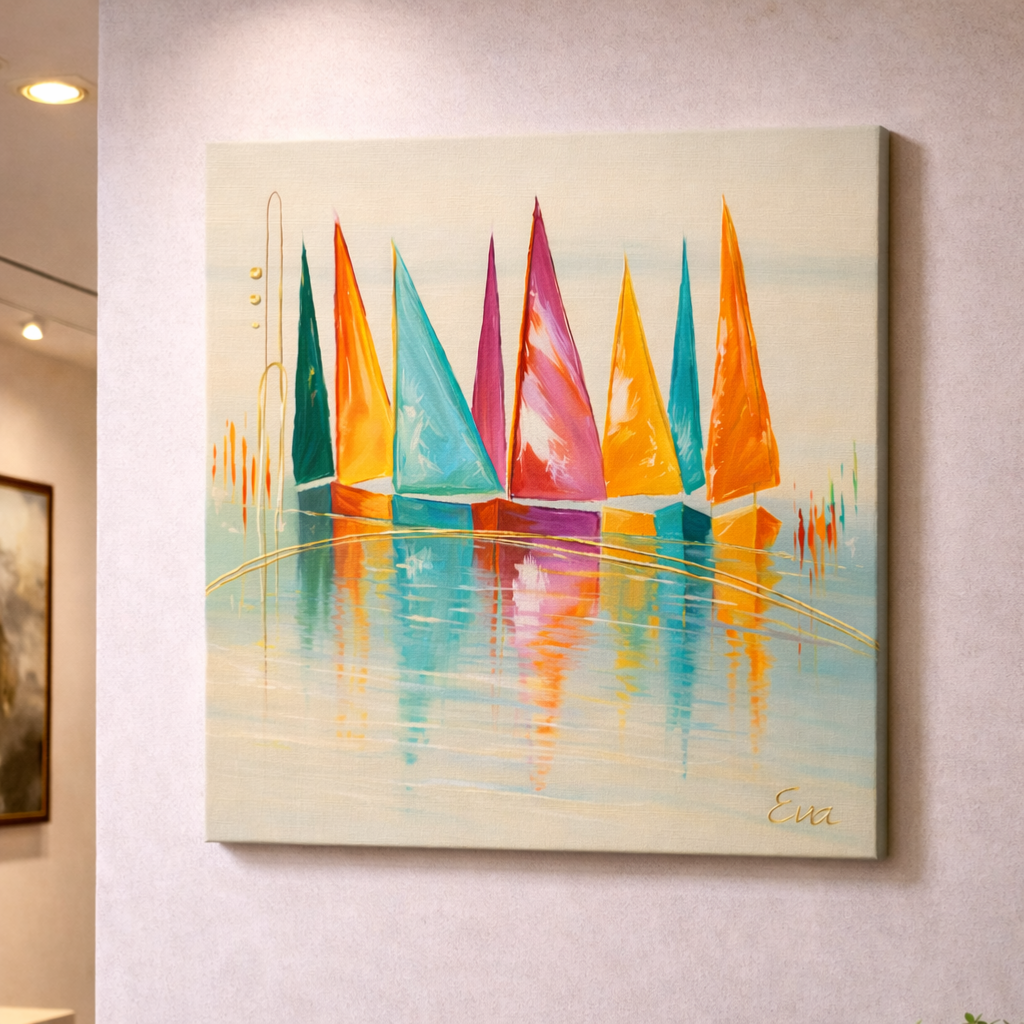 Tableau Voiliers « Regatta Arc-en-Ciel » – Peint main et signé Eva Jekins