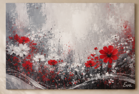 Tableau Fleurs Rouge Gris moderne - Artiste Eva Jekins