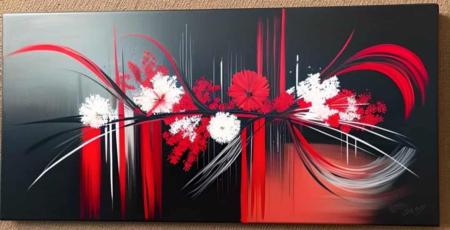 Tableau Panoramique Design Fleurs Noir Rouge Elegant Japon