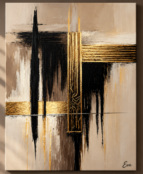 Tableau abstrait beige doré élégance - Artiste peintre Eva Jekins