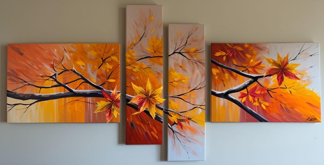 Tableau peinture  orangé arbre et feuilles peint main 