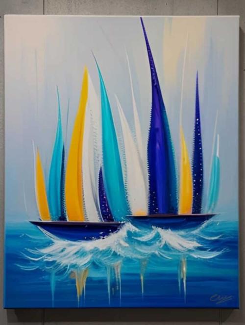 Grand tableau peinture bateau bleu design - artiste EVA JEKINS