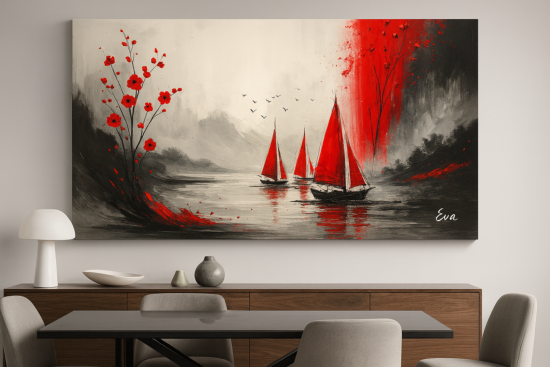 Peinture Paysage japonais Gris noir Rouge Panoramique  - Peint main par Eva Jekins