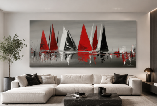 Grand tableau  Marine Gris Rouge Design - Peinture sur toile signée Eva Jekins