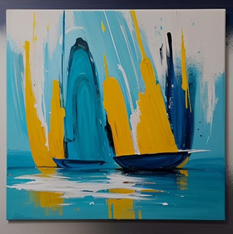Tableau peinture bateaux design turquoise jaune Eva Jekins 