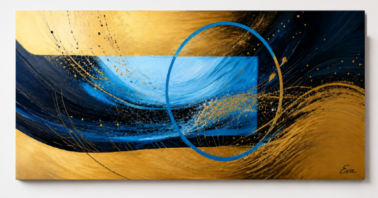 Tableau Peinture Panoramique Vague Abstraite Bleu Doré Eva Jekins