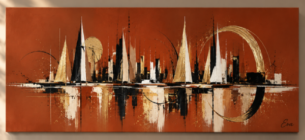 Tableau peinture panoramique rouille doré Voiliers et horizon de ville - Artiste peintre Eva Jekins