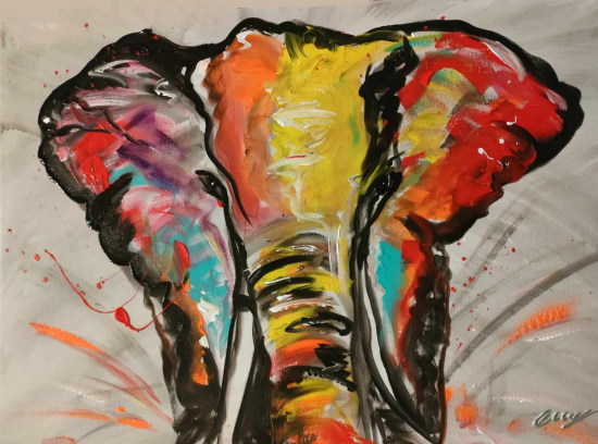 Tableau Elephant multicolore  peint main