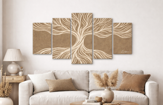 Tableau Arbre de Vie Abstrait Beige Foncé Peint à la Main – Série Limitée, Polyptyque 5 Panneaux Art Organique Haut de Gamme