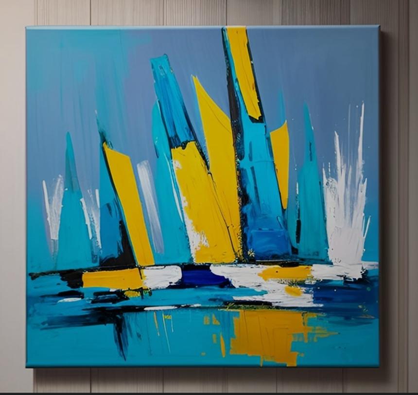 Tableau peinture bateaux turquoise jaune Eva Jekins 