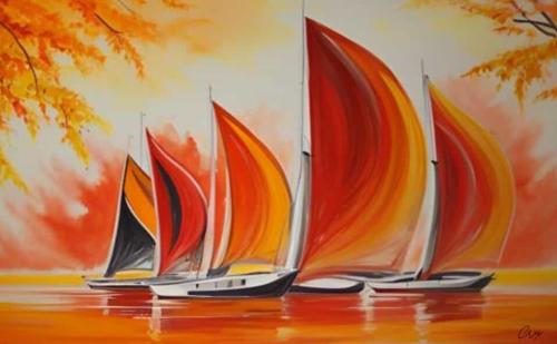Grand tableau peinture bateaux orangé- artiste EVA JEKINS