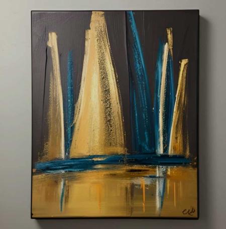 Tableau peint main Marine Taupe doré design - Artiste Eva Jekins