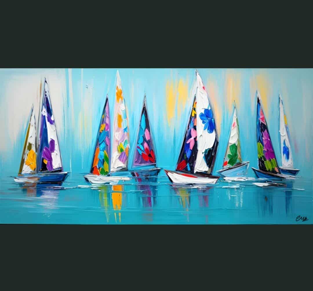 Grand tableau panoramique Marine multicolore design- Artiste Eva Jekins