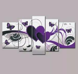 Tableau Coeurs et Papillons Violet moderne peint main
