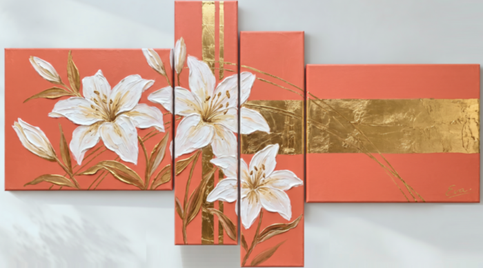 Tableau Corail Doré Fleurs Blanches - Peint à la main par Eva Jekins