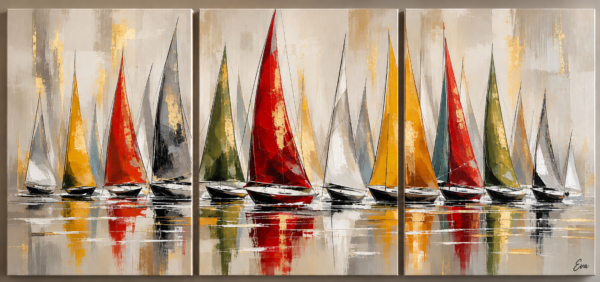 Tableau moderne peint à la main Voiles rouge vert jaune moutarde  - Artiste peintre Eva Jekins