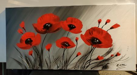 Tableau abstrait gris rouge coquelicots II