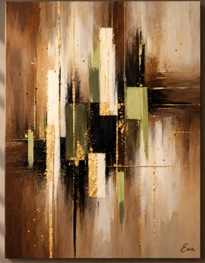 Tableau abstrait marron vert olive doré Chic - Artiste peintre Eva Jekins