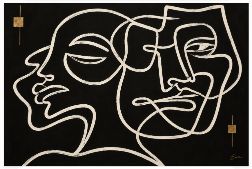 Tableau Line Art Duo Moderne Chic Noir blanc doré - Peint à la main par Eva Jekins