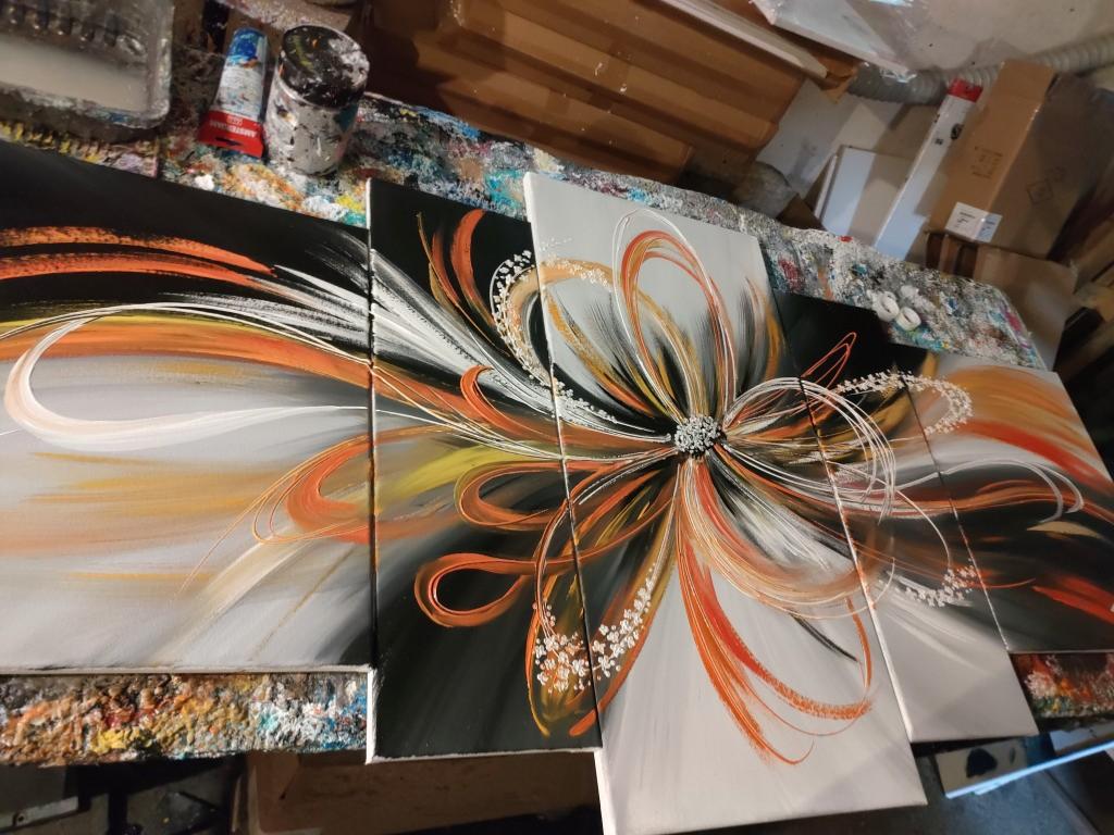 Tableau Fleur Moderne Orangé Gris 