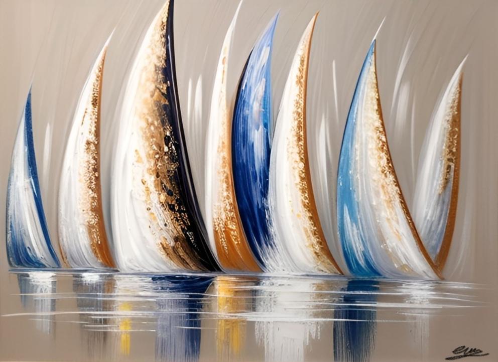 Tableau peinture bateau beige doré bleu peint main - Artiste Eva Jekins 