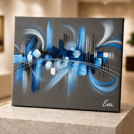 Tableau Abstrait Bleu Gris – Peint main et signé Eva Jekins