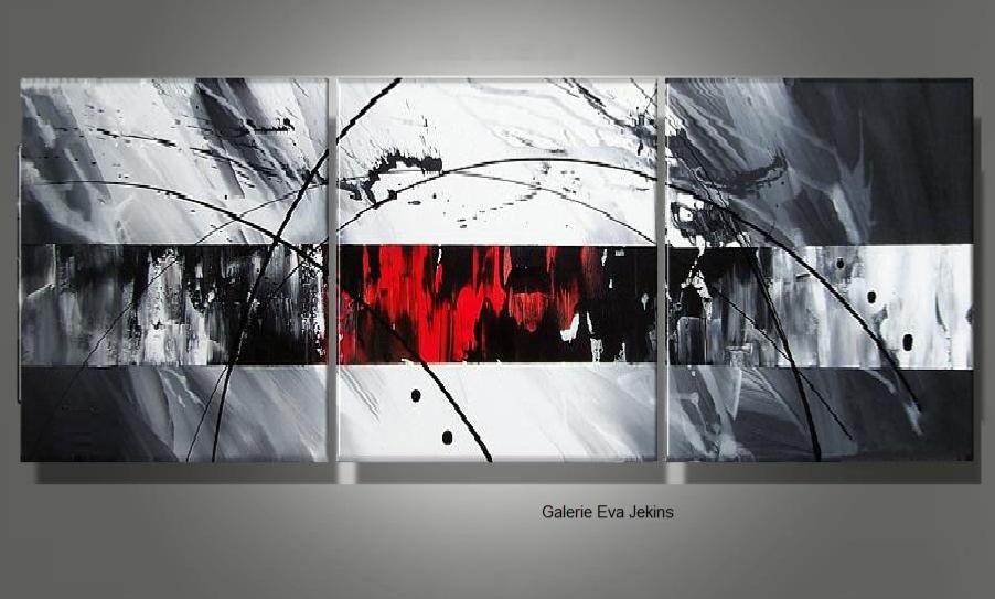 Grand Triptyque Abstrait Gris Noir Rouge - Artiste EVA JEKINS
