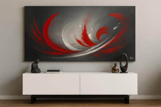 Eclat rouge Abstrait - Tableau XXL 160x80 CM Abstrait Gris rouge grand format design - Peint main par Eva Jekins