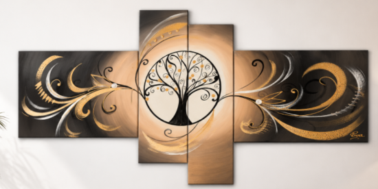 Tableau moderne peinture Arbre de vie beige doré Eva Jekins