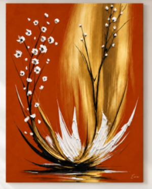 Tableau Japonais Fleur Rouille Doré Blanc - Peint main par Eva Jekins